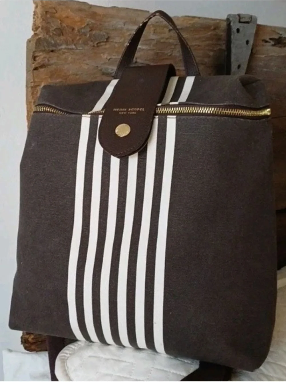 henri bendel Brown Canvas Backpack with White Vertical Stripes - Picture 1 of 5